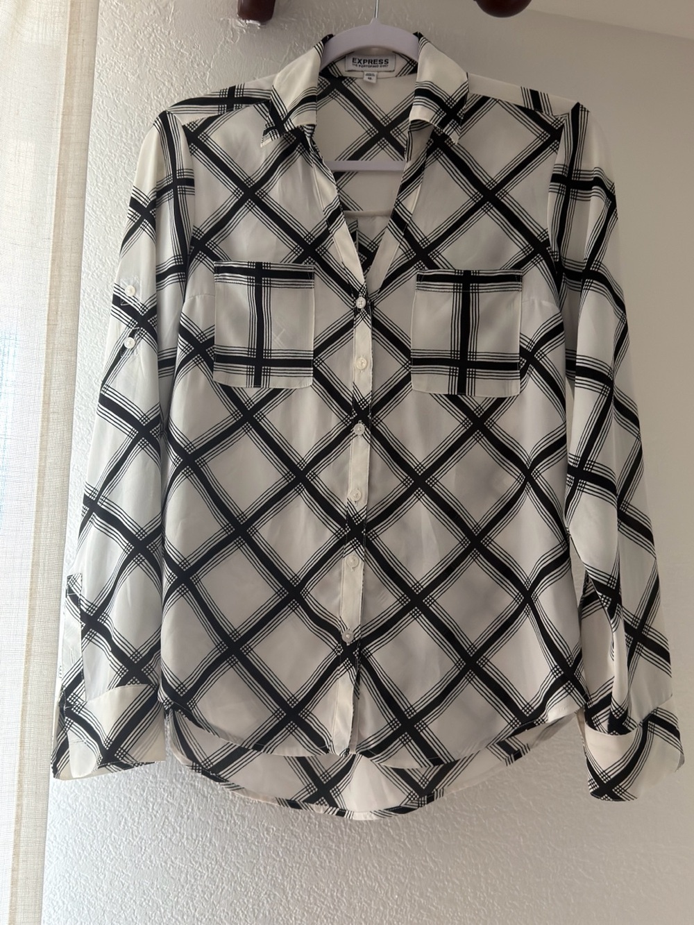 Express Portofino Black & White Windowpane Plaid Button-Down Shirt